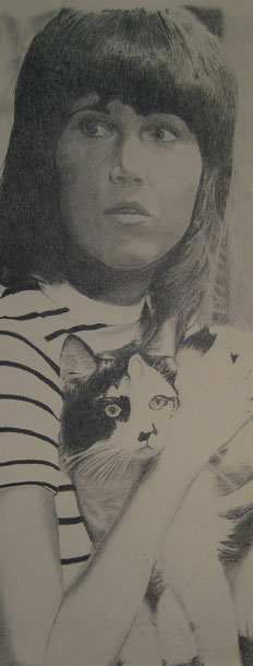 drawing of Jane Fonda with a cat