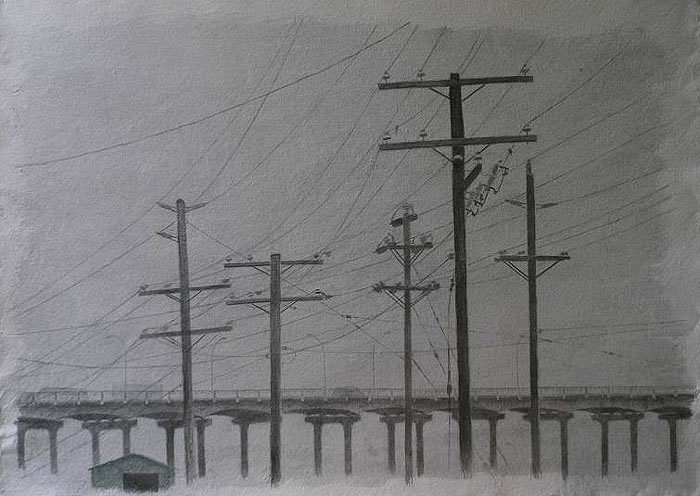 Telephone poles and Oak street bridge