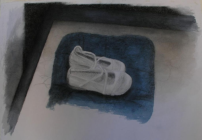 watercolor still life of white shoes